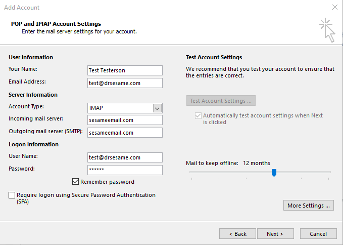 change outlook account settings server 2003